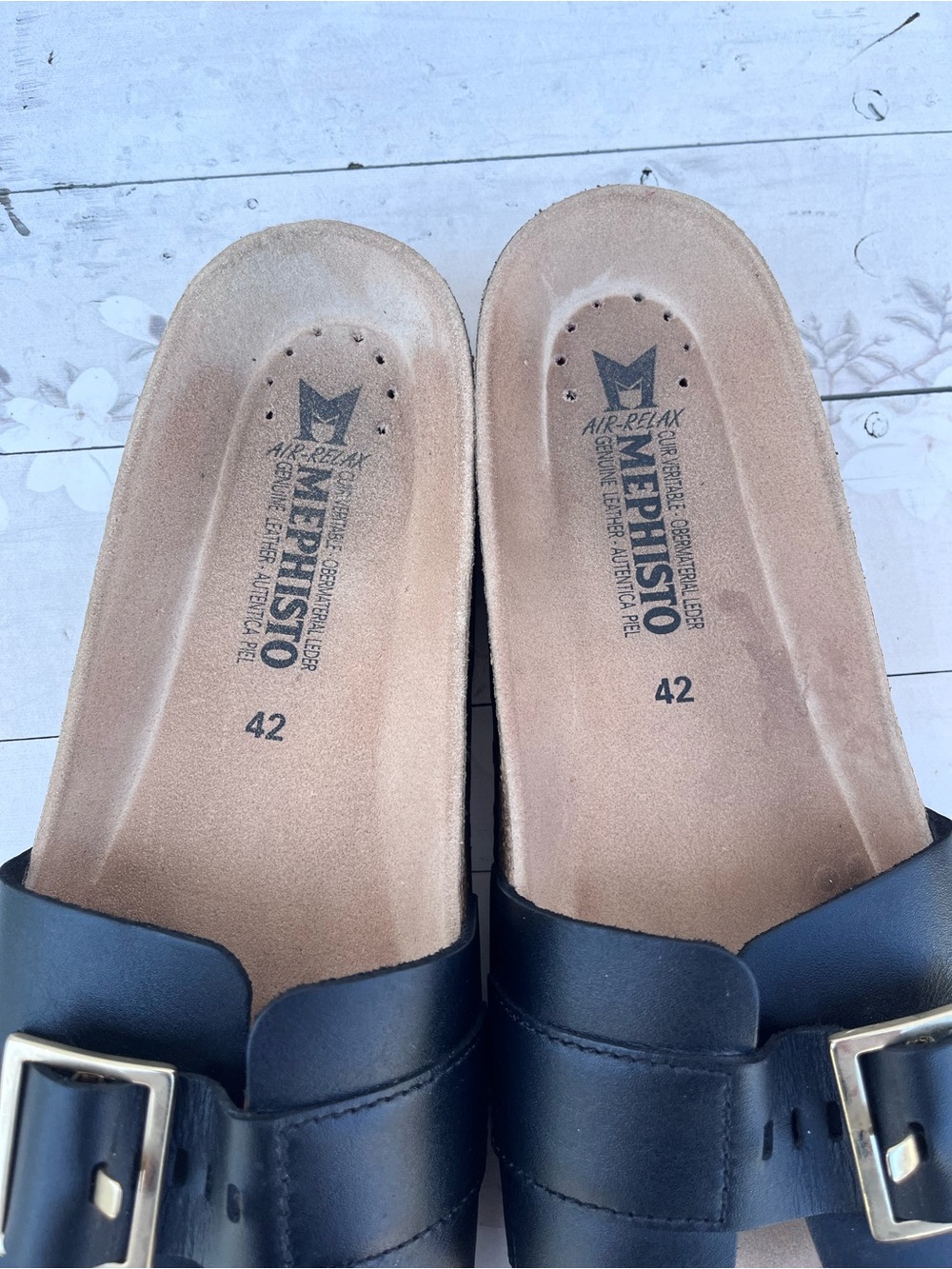 Mephisto Black Slide Sandals with Gold Buckles - Picture 6 of 6
